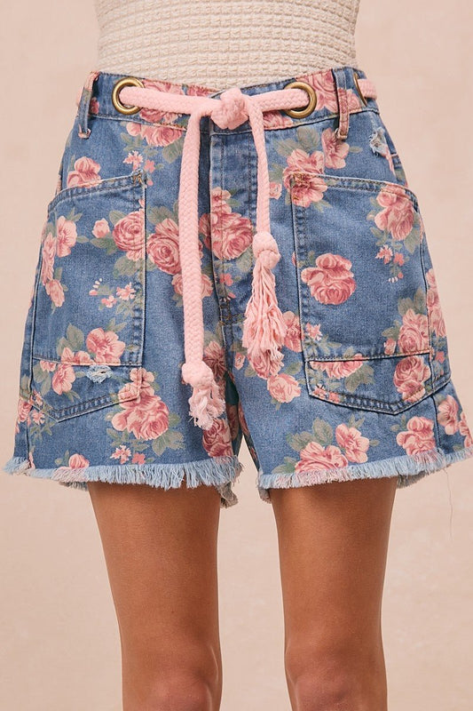 BiBi Braided Waist Belt Patch Pockets Floral Print Denim Shorts - Bitsy Gypsy Boutique