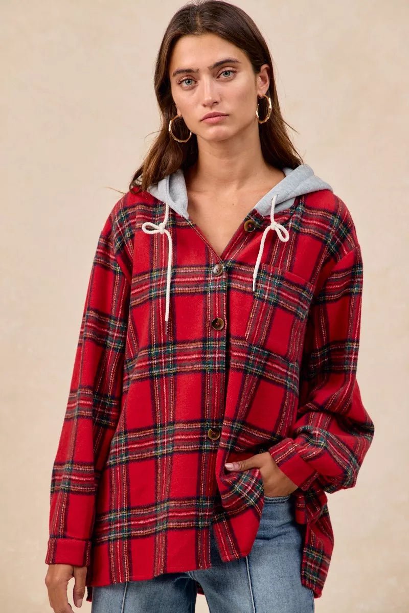 BiBi Brushed Plaid Hooded Jacket - Bitsy Gypsy Boutique