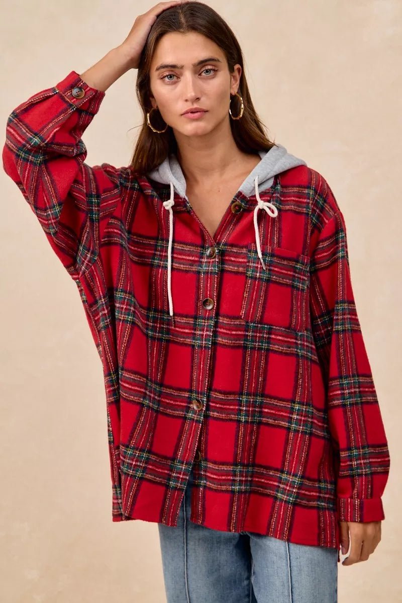 BiBi Brushed Plaid Hooded Jacket - Bitsy Gypsy Boutique