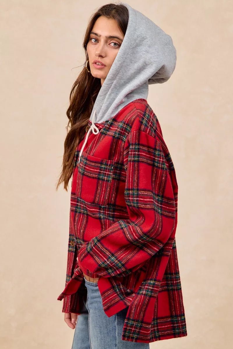 BiBi Brushed Plaid Hooded Jacket - Bitsy Gypsy Boutique