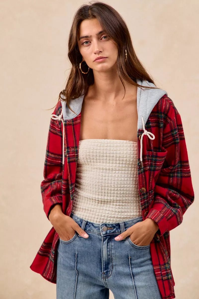 BiBi Brushed Plaid Hooded Jacket - Bitsy Gypsy Boutique