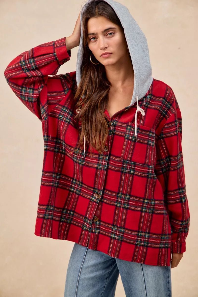 BiBi Brushed Plaid Hooded Jacket - Bitsy Gypsy Boutique