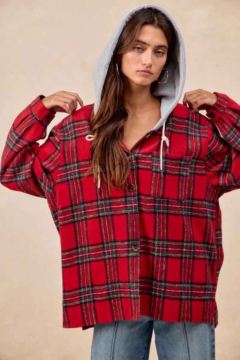 BiBi Brushed Plaid Hooded Jacket - Bitsy Gypsy Boutique