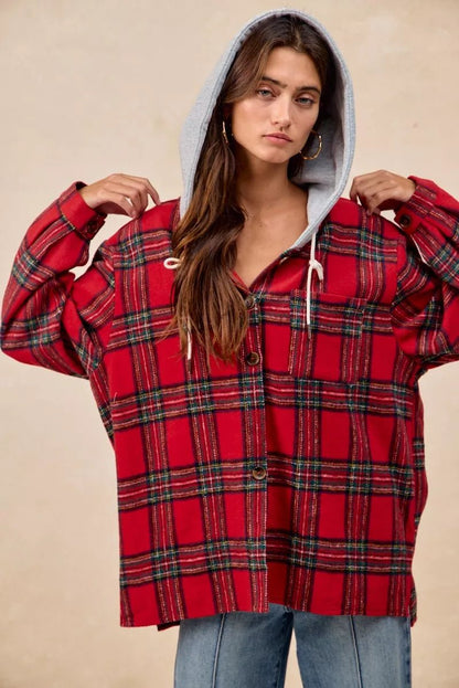 BiBi Brushed Plaid Hooded Jacket - Bitsy Gypsy Boutique