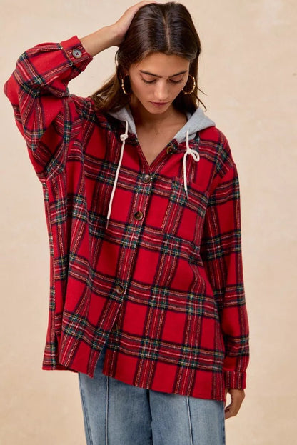 BiBi Brushed Plaid Hooded Jacket - Bitsy Gypsy Boutique