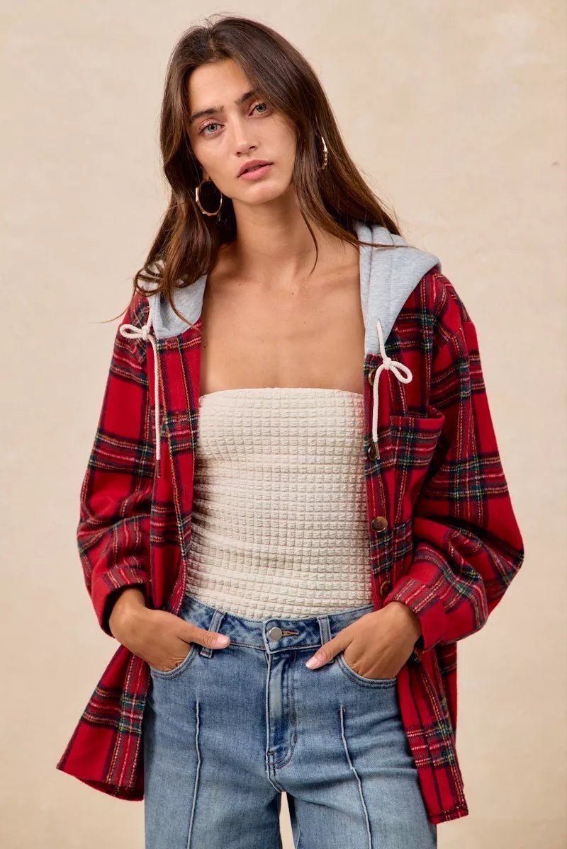 BiBi Brushed Plaid Hooded Jacket - Bitsy Gypsy Boutique