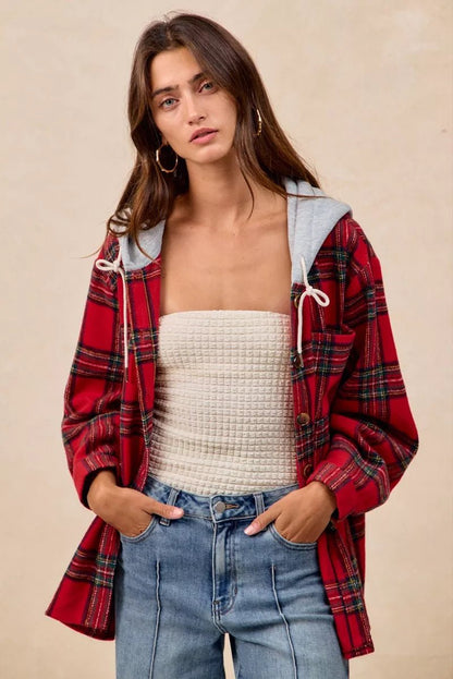BiBi Brushed Plaid Hooded Jacket - Bitsy Gypsy Boutique
