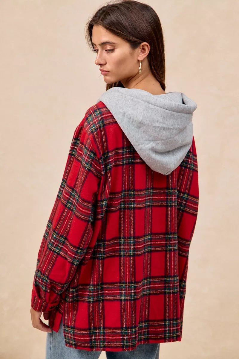 BiBi Brushed Plaid Hooded Jacket - Bitsy Gypsy Boutique