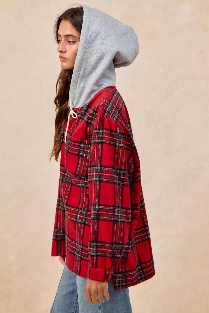 BiBi Brushed Plaid Hooded Jacket - Bitsy Gypsy Boutique