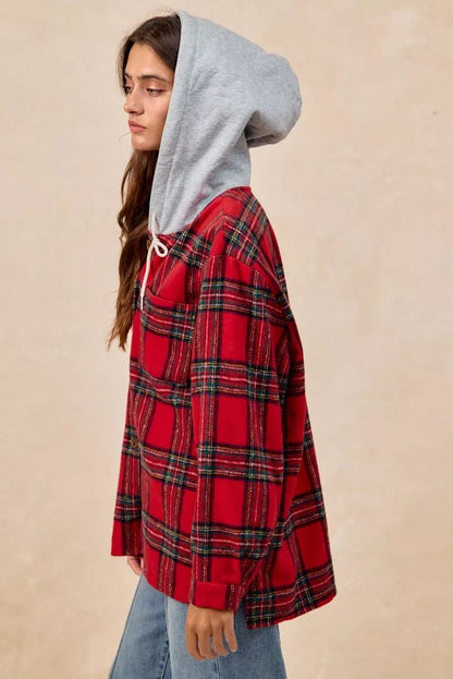 BiBi Brushed Plaid Hooded Jacket - Bitsy Gypsy Boutique