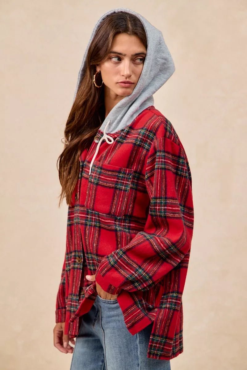 BiBi Brushed Plaid Hooded Jacket - Bitsy Gypsy Boutique