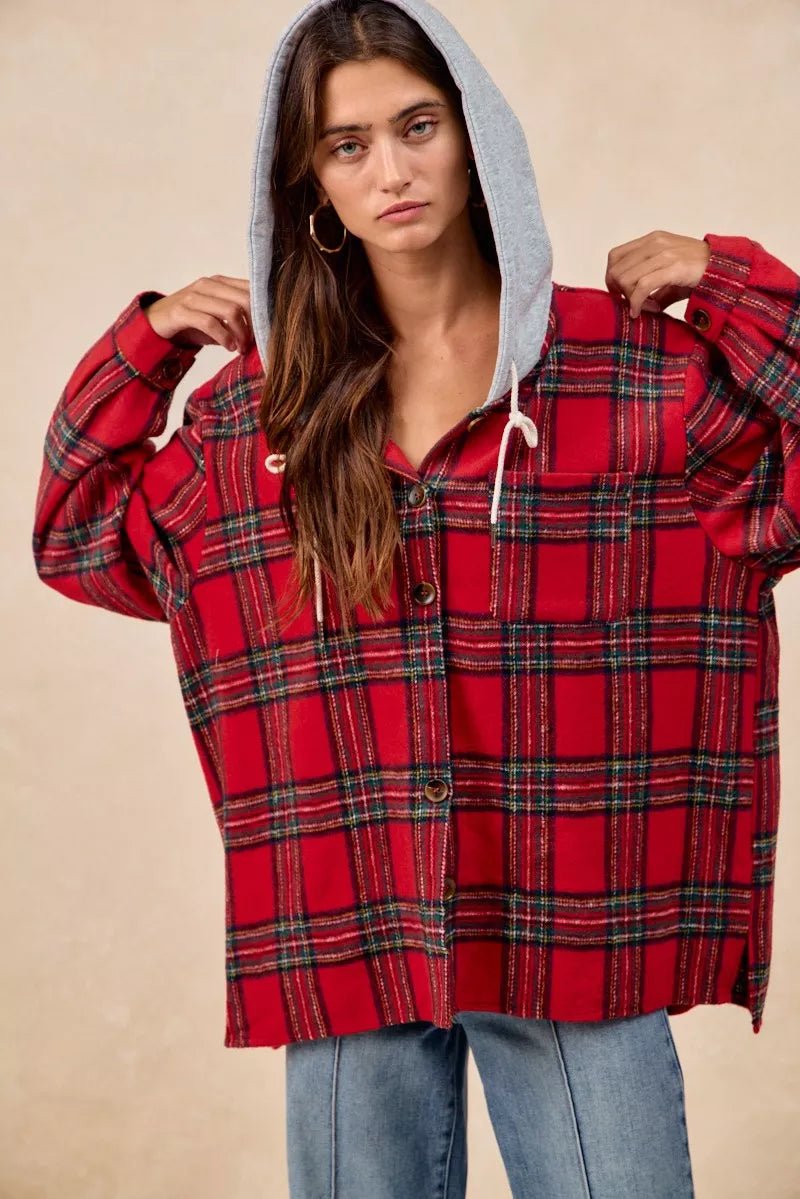 BiBi Brushed Plaid Hooded Jacket - Bitsy Gypsy Boutique