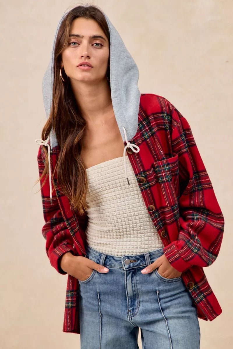 BiBi Brushed Plaid Hooded Jacket - Bitsy Gypsy Boutique