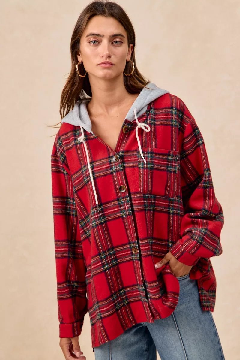 BiBi Brushed Plaid Hooded Jacket - Bitsy Gypsy Boutique