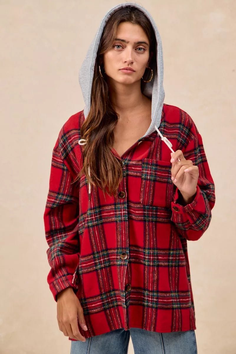 BiBi Brushed Plaid Hooded Jacket - Bitsy Gypsy Boutique