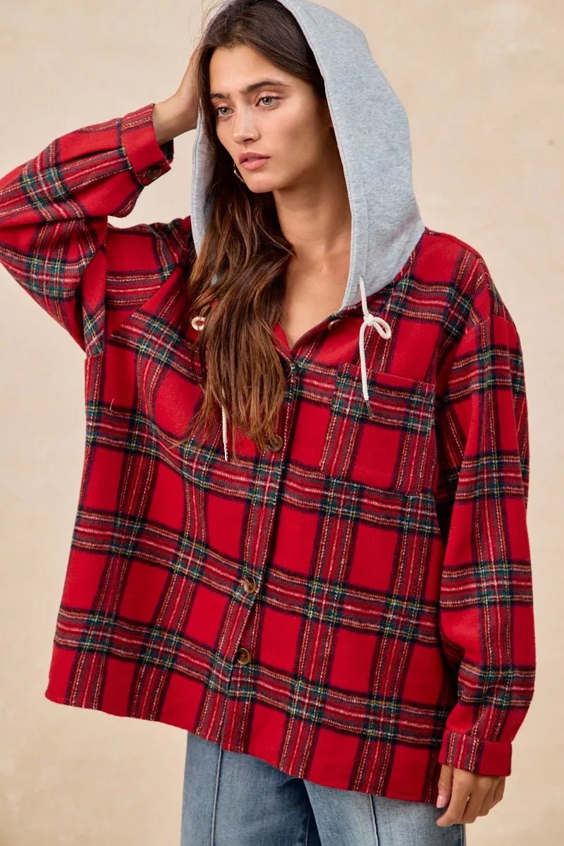 BiBi Brushed Plaid Hooded Jacket - Bitsy Gypsy Boutique