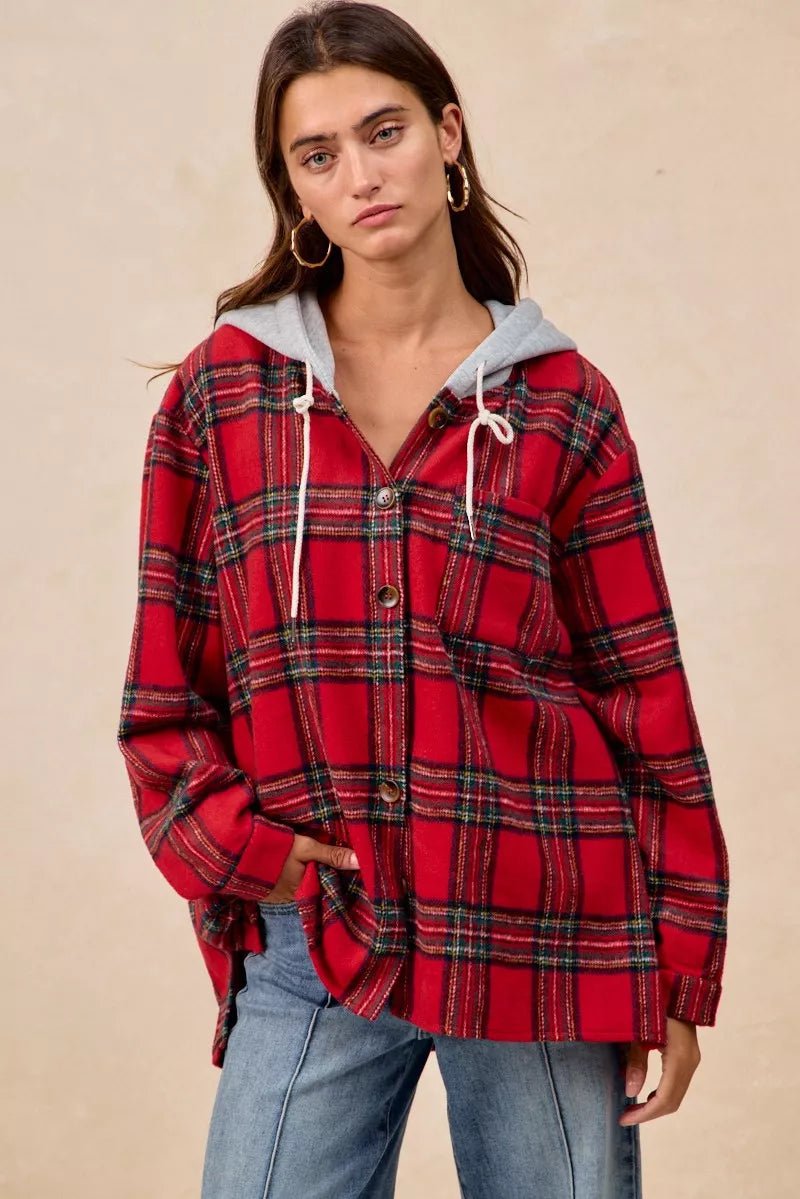 BiBi Brushed Plaid Hooded Jacket - Bitsy Gypsy Boutique