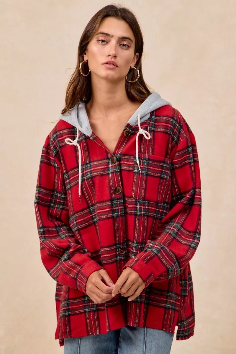 BiBi Brushed Plaid Hooded Jacket - Bitsy Gypsy Boutique