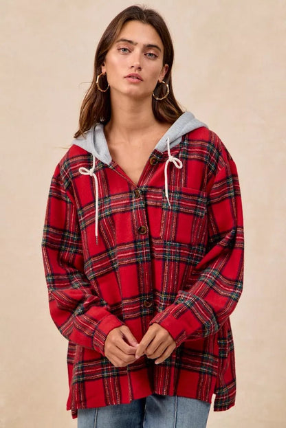 BiBi Brushed Plaid Hooded Jacket - Bitsy Gypsy Boutique