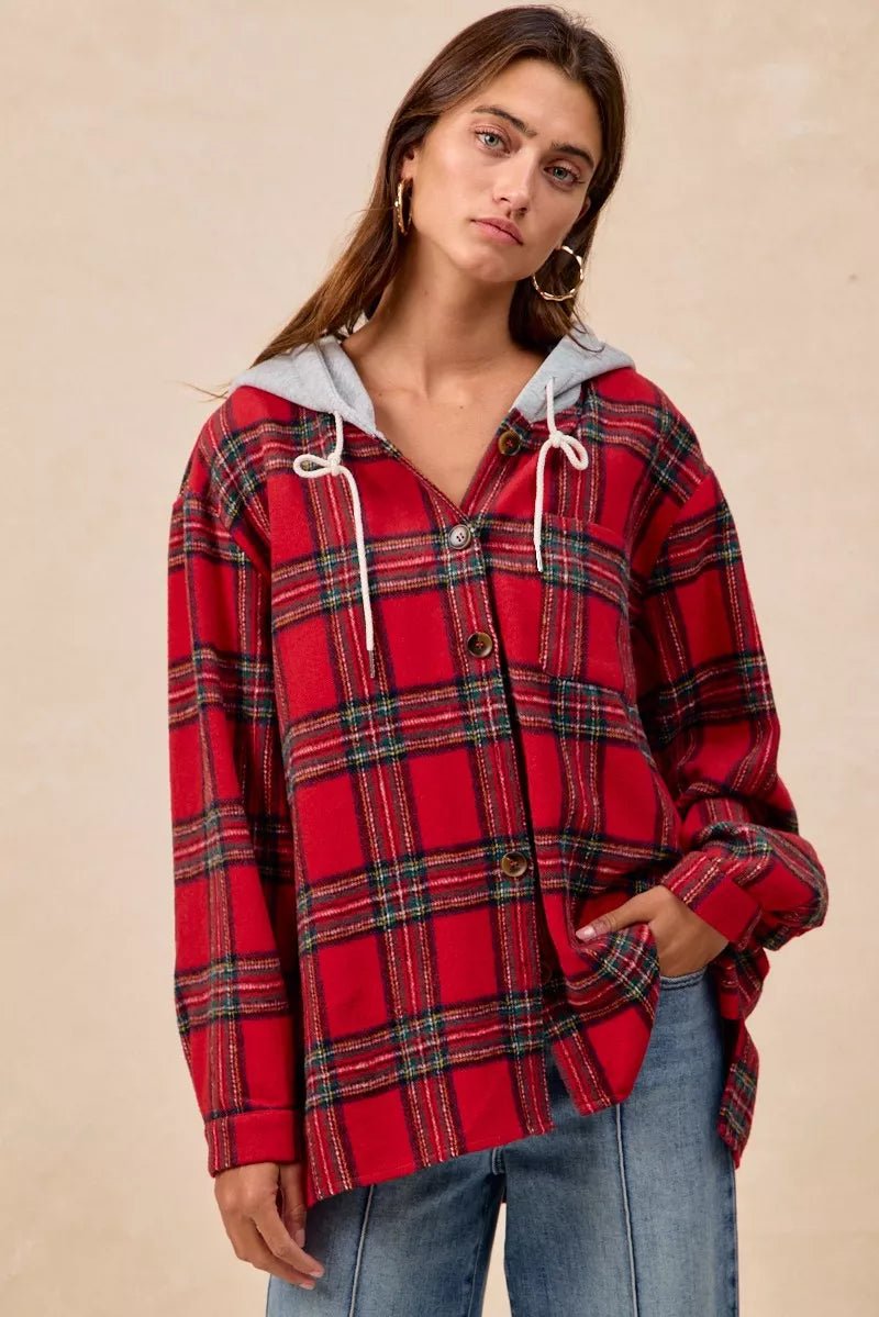 BiBi Brushed Plaid Hooded Jacket - Bitsy Gypsy Boutique