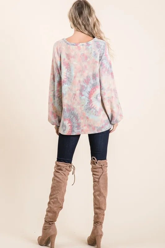 BiBi Brushed Tie Dye Print Top with Puff Sleeves - Bitsy Gypsy Boutique