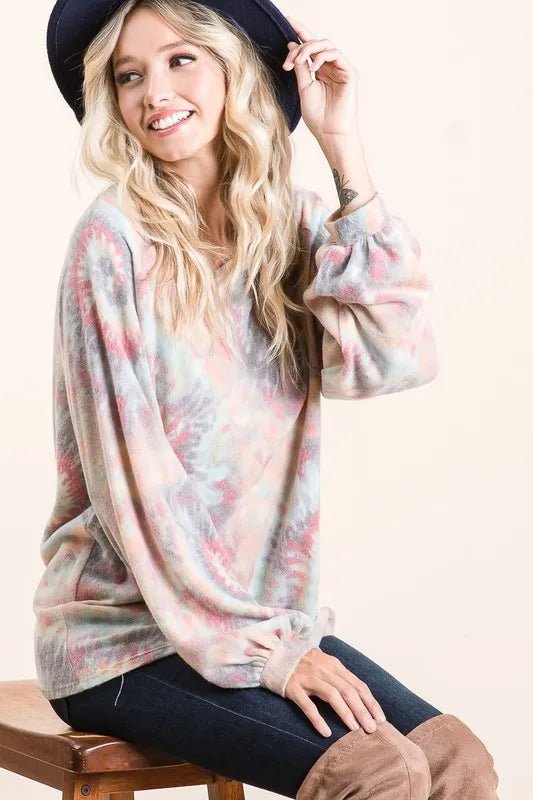 BiBi Brushed Tie Dye Print Top with Puff Sleeves - Bitsy Gypsy Boutique