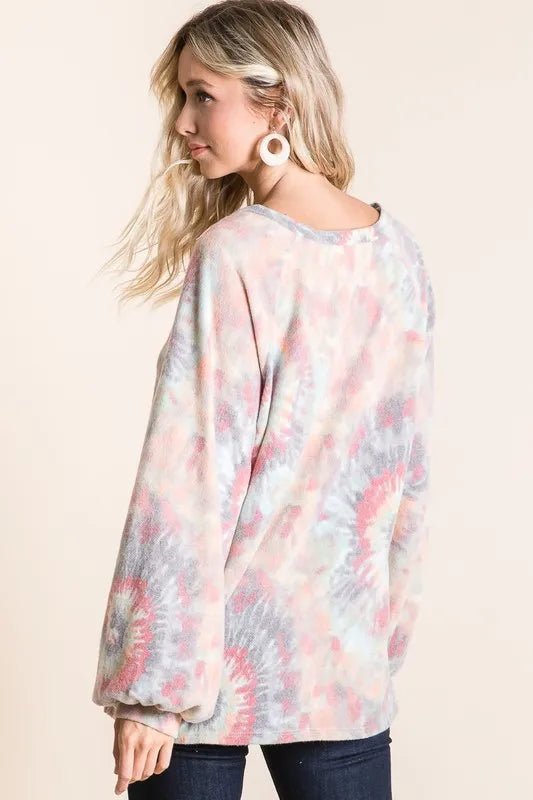 BiBi Brushed Tie Dye Print Top with Puff Sleeves - Bitsy Gypsy Boutique