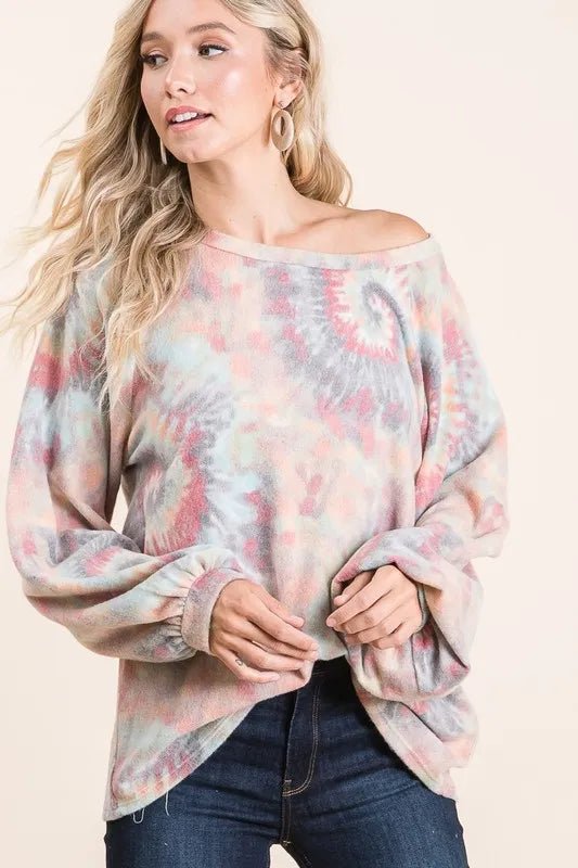 BiBi Brushed Tie Dye Print Top with Puff Sleeves - Bitsy Gypsy Boutique