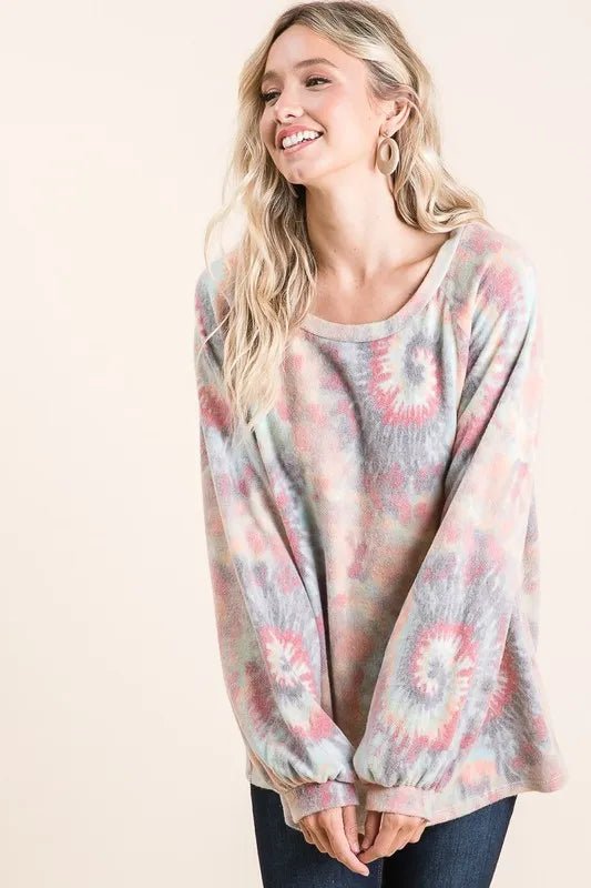 BiBi Brushed Tie Dye Print Top with Puff Sleeves - Bitsy Gypsy Boutique