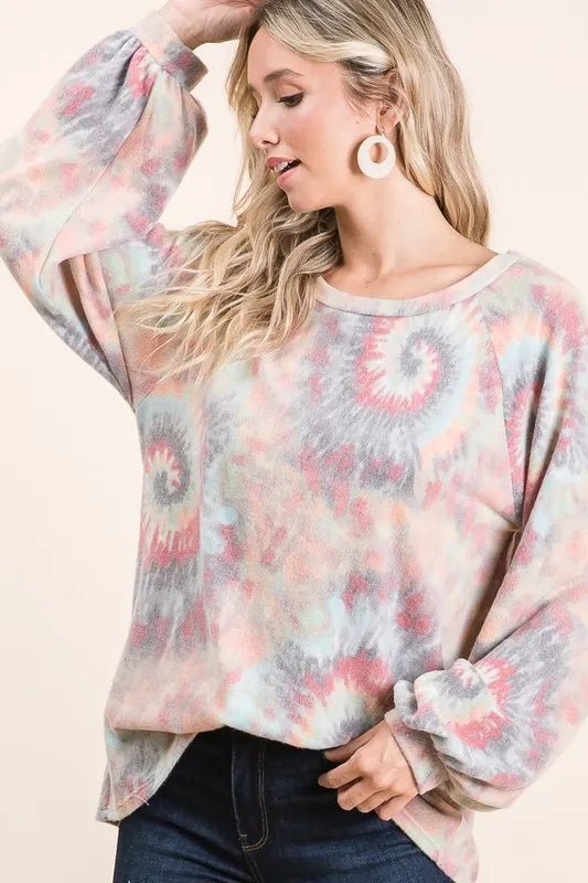 BiBi Brushed Tie Dye Print Top with Puff Sleeves - Bitsy Gypsy Boutique