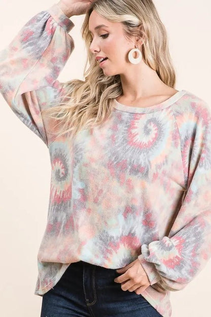 BiBi Brushed Tie Dye Print Top with Puff Sleeves - Bitsy Gypsy Boutique