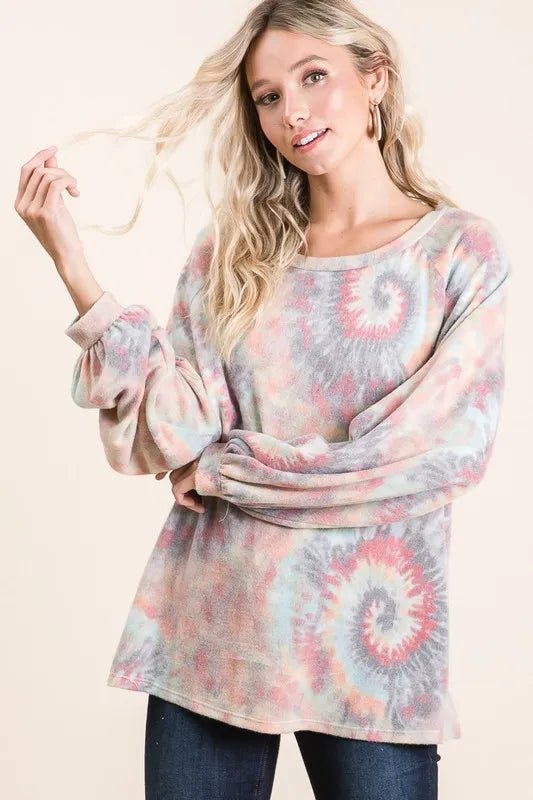BiBi Brushed Tie Dye Print Top with Puff Sleeves - Bitsy Gypsy Boutique