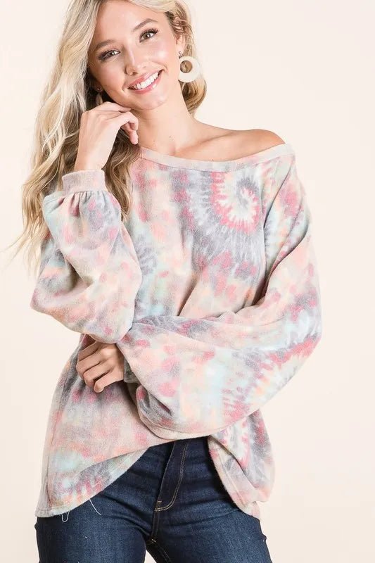 BiBi Brushed Tie Dye Print Top with Puff Sleeves - Bitsy Gypsy Boutique