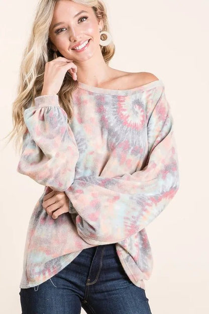 BiBi Brushed Tie Dye Print Top with Puff Sleeves - Bitsy Gypsy Boutique