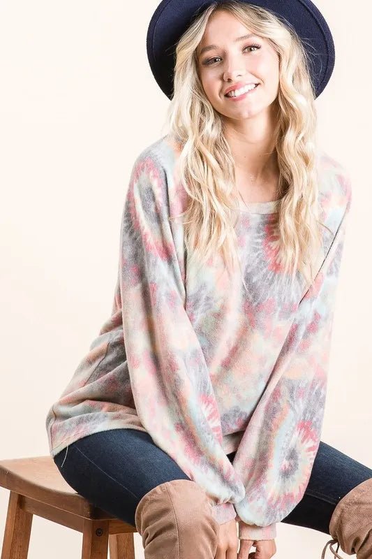BiBi Brushed Tie Dye Print Top with Puff Sleeves - Bitsy Gypsy Boutique