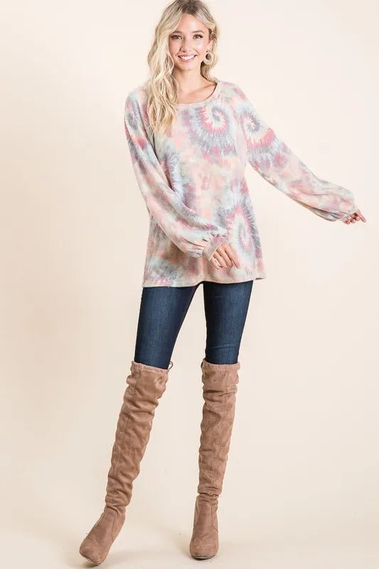 BiBi Brushed Tie Dye Print Top with Puff Sleeves - Bitsy Gypsy Boutique