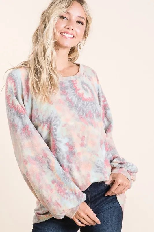 BiBi Brushed Tie Dye Print Top with Puff Sleeves - Bitsy Gypsy Boutique