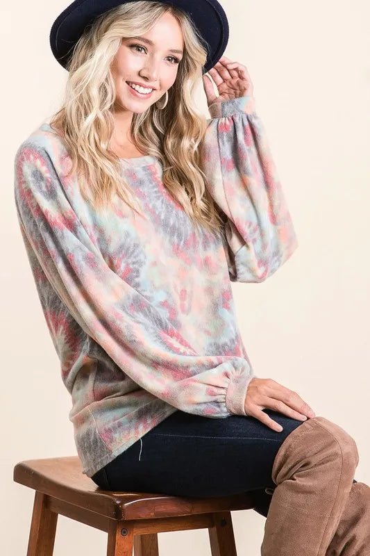 BiBi Brushed Tie Dye Print Top with Puff Sleeves - Bitsy Gypsy Boutique