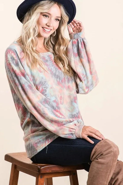 BiBi Brushed Tie Dye Print Top with Puff Sleeves - Bitsy Gypsy Boutique