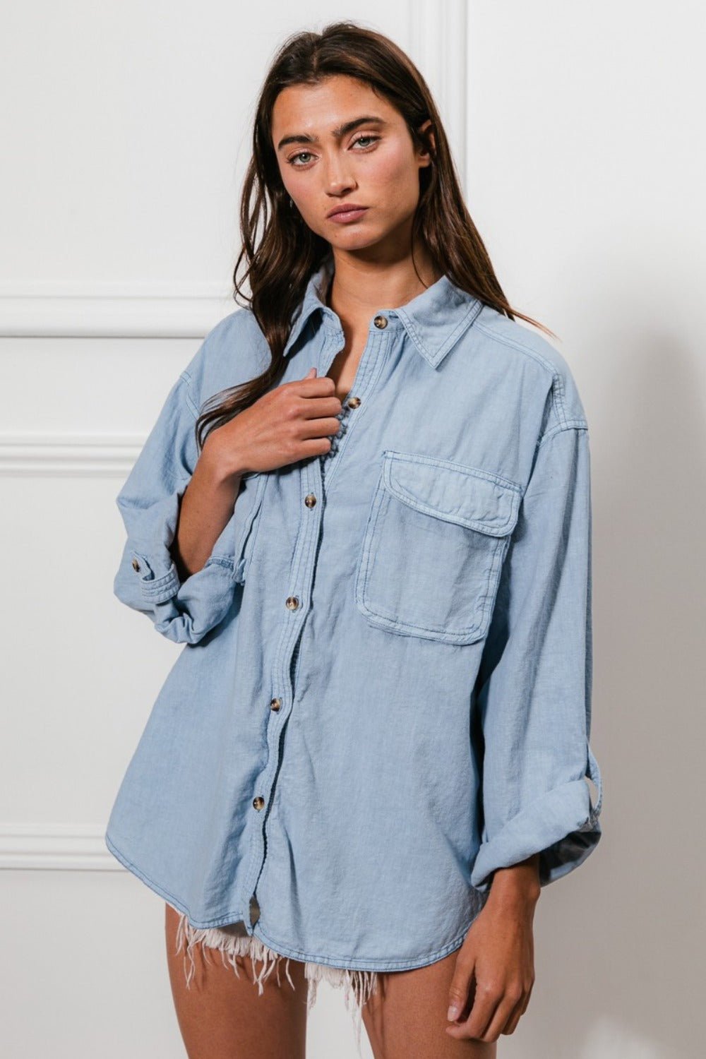 BiBi Button Down Stitch Detail Shirt with Chest Pockets - Bitsy Gypsy Boutique