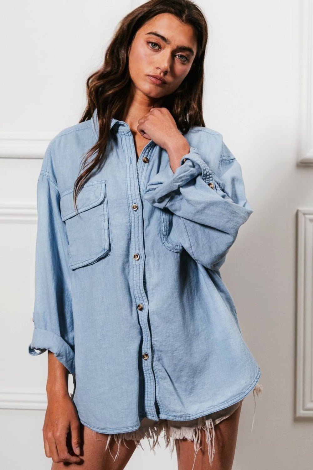 BiBi Button Down Stitch Detail Shirt with Chest Pockets - Bitsy Gypsy Boutique