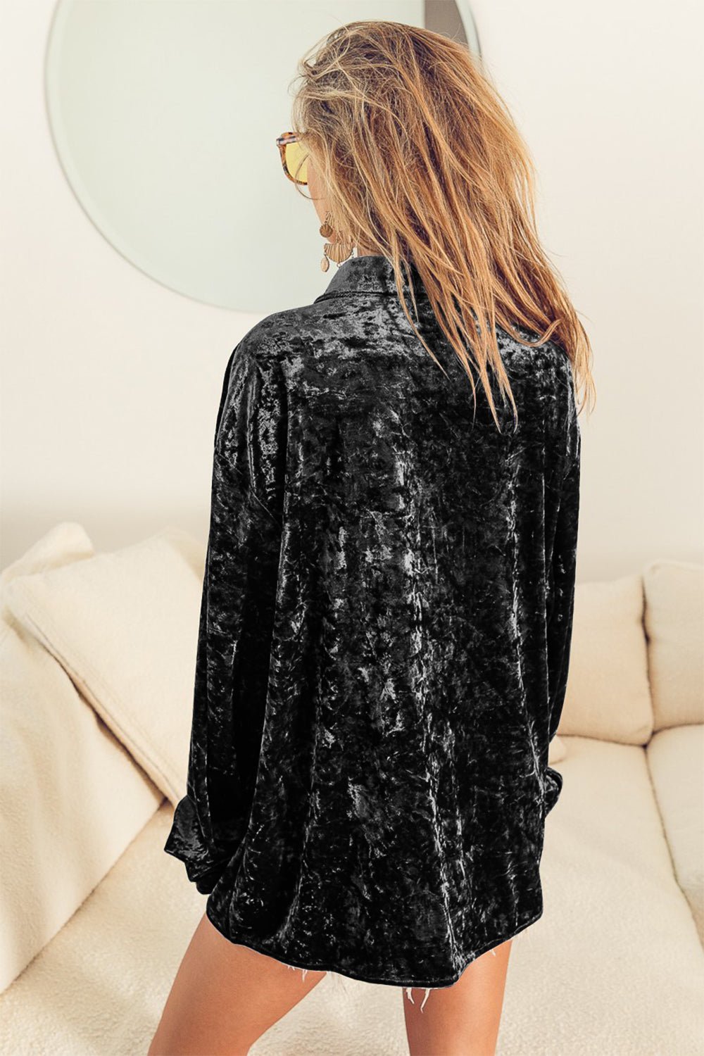 BiBi Button Up Long Sleeve Velvet Shirt - Bitsy Gypsy Boutique