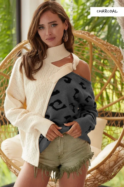 BiBi Cable - Knit Color Block One Shoulder Asymmetrical Sweater - Bitsy Gypsy Boutique