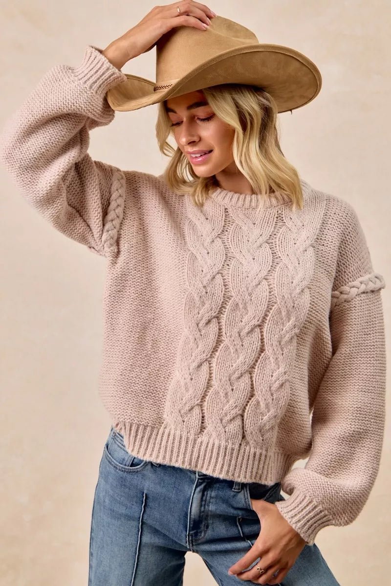 BiBi Cable Knit Sweater with Shoulder Braid Detail - Bitsy Gypsy Boutique