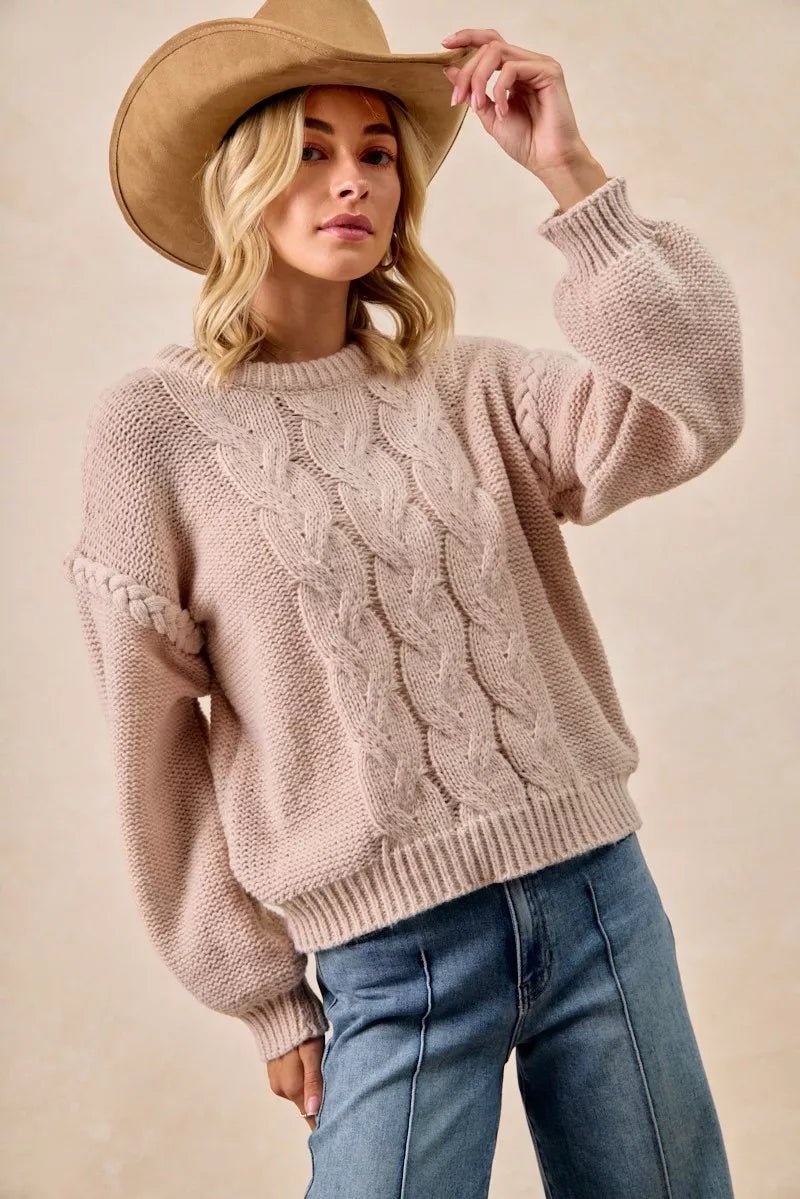 BiBi Cable Knit Sweater with Shoulder Braid Detail - Bitsy Gypsy Boutique