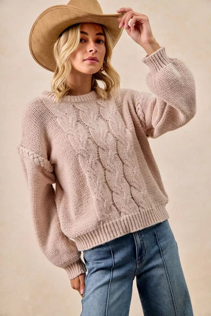 BiBi Cable Knit Sweater with Shoulder Braid Detail - Bitsy Gypsy Boutique