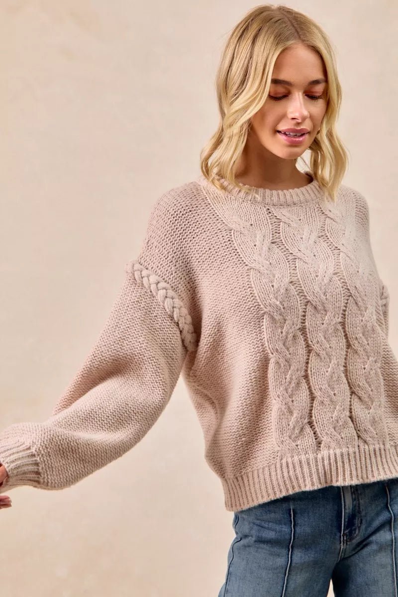 BiBi Cable Knit Sweater with Shoulder Braid Detail - Bitsy Gypsy Boutique