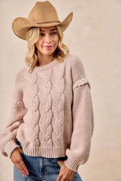 BiBi Cable Knit Sweater with Shoulder Braid Detail - Bitsy Gypsy Boutique
