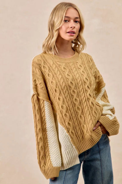 BiBi Cable Knit With Hacci Combo Sweater With Uneven Hem Detail - Bitsy Gypsy Boutique