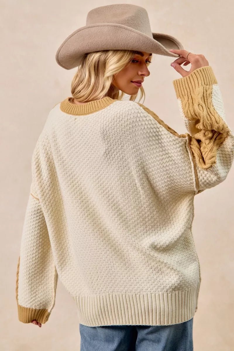 BiBi Cable Knit With Hacci Combo Sweater With Uneven Hem Detail - Bitsy Gypsy Boutique